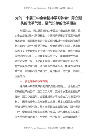 党的二十届三中全会精神学习体会：勇立潮头的改革气魄、浩气长存的改革担当