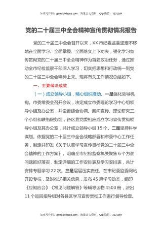 党的二十届三中全会精神宣传贯彻情况报告
