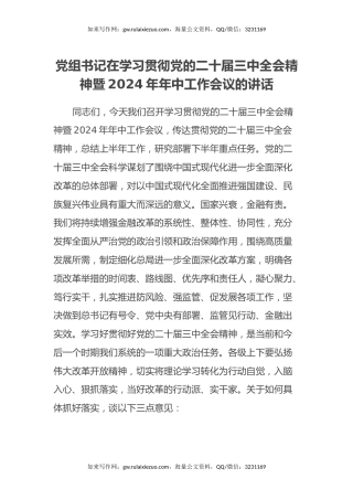 党组书记在学习贯彻党的二十届三中全会精神暨2024年年中工作会议的讲话