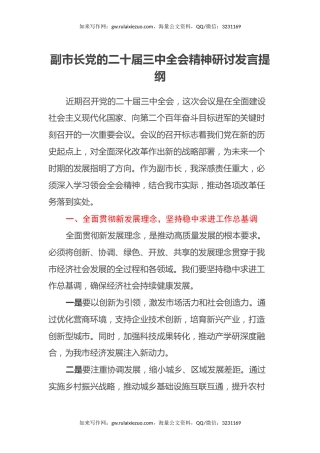 副市长党的二十届三中全会精神研讨发言提纲