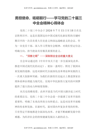 勇担使命，砥砺前行——学习党的二十届三中全会精神心得体会