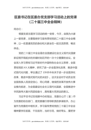 区委书记在区委办党支部学习活动上的党课（二十届三中全会精神）