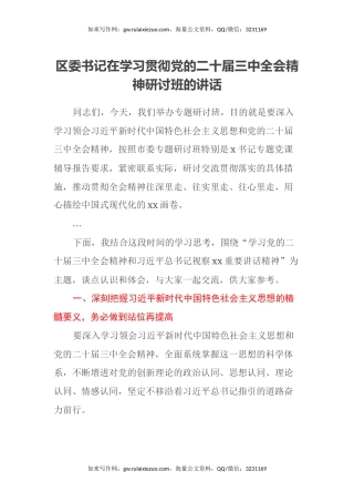 区委书记在学习贯彻习党的二十届三中全会精神研讨班的讲话