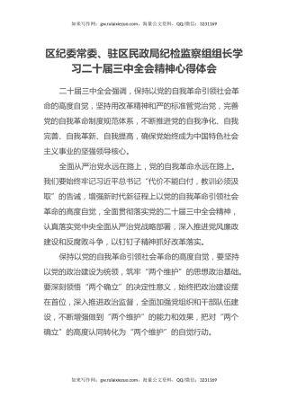 区纪委常委、驻区民政局纪检监察组组长学习二十届三中全会精神心得体会