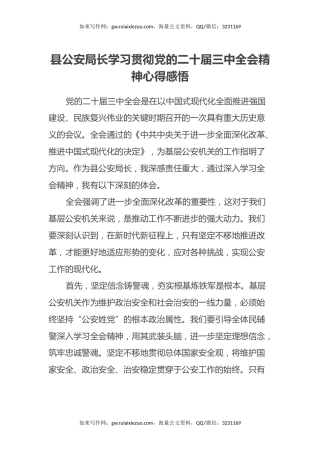 县公安局长学习贯彻党的二十届三中全会精神心得感悟