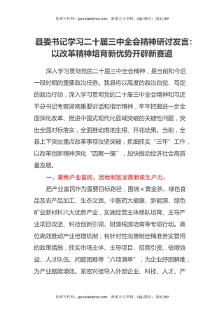 县委书记学习二十届三中全会精神研讨发言：以改革精神培育新优势开辟新赛道