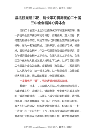 县法院党组书记、院长学习贯彻党的二十届三中全会精神心得体会