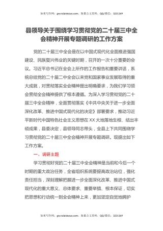 县领导关于围绕学习贯彻党的二十届三中全会精神开展专题调研的工作方案