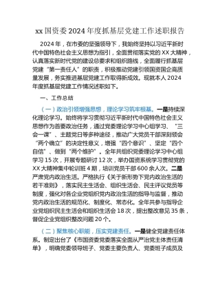 xx国资委2024年度抓基层党建工作述职报告