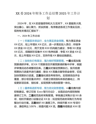 XX委2024年财务工作总结暨2025年工作计划