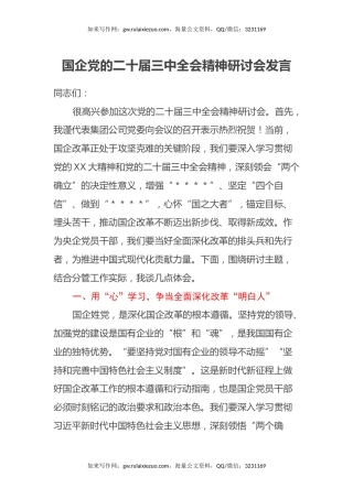 国企党的二十届三中全会精神研讨会发言