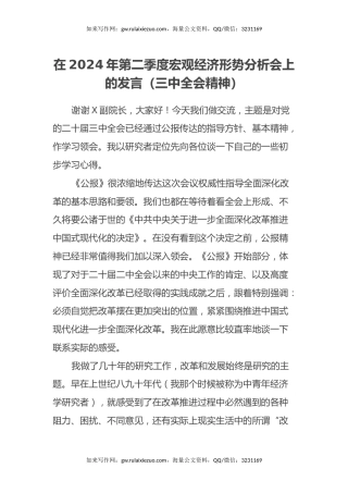 在2024年第二季度宏观经济形势分析会上的发言（三中全会精神）