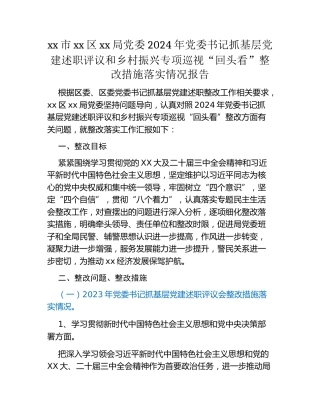 xx市xx区xx局党委2024年党委书记抓基层党建述职评议和乡村振兴专项巡视“回头看”整改措施落实情况报告