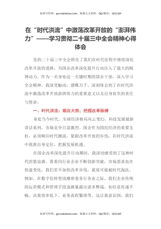 在“时代洪流”中激荡改革开放的“澎湃伟力”——学习贯彻二十届三中全会精神心得体会