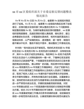 xx市xx区委组织部关于市委巡察反馈问题整改情况报告