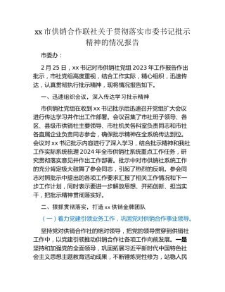 xx市供销合作联社关于贯彻落实市委书记批示精神的情况报告