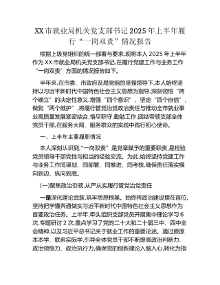 XX市就业局机关党支部书记2025年上半年履行“一岗双责”情况报告