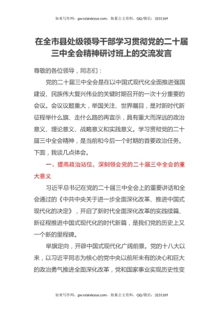 在全市县处级领导干部学习贯彻党的二十届三中全会精神研讨班上的交流发言