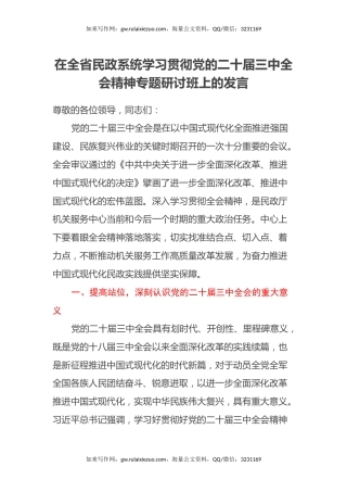 在全省民政系统学习贯彻党的二十届三中全会精神专题研讨班上的发言