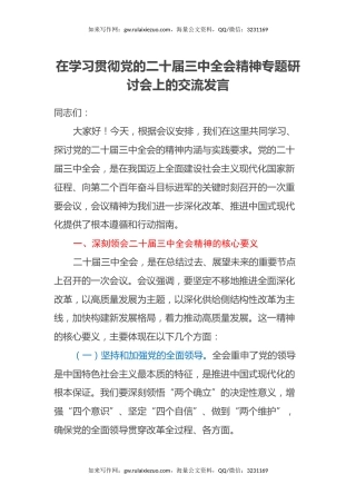 在学习贯彻党的二十届三中全会精神专题研讨会上的交流发言