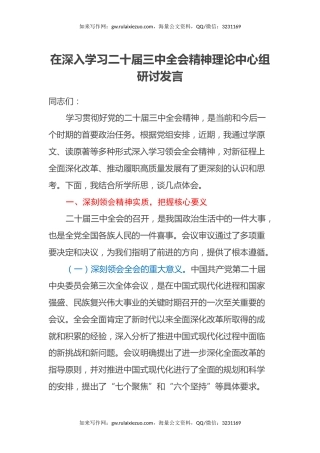 在深入学习二十届三中全会精神理论中心组研讨发言
