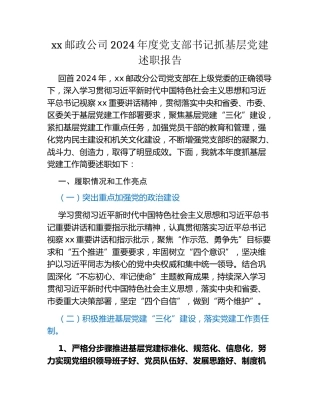 xx邮政公司2024年度党支部书记抓基层党建述职报告
