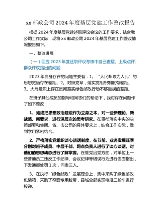 xx邮政公司2024年度基层党建工作整改报告
