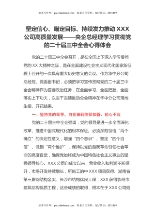 坚定信心、瞄定目标、持续发力 推动XXX公司高质量发展——央企总经理学习贯彻党的二十届三中全会心得体会