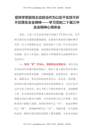 坚持学思践悟 主动担当作为 以实干实效不折不扣落实全会精神 ——学习党的二十届三中全会精神心得体会