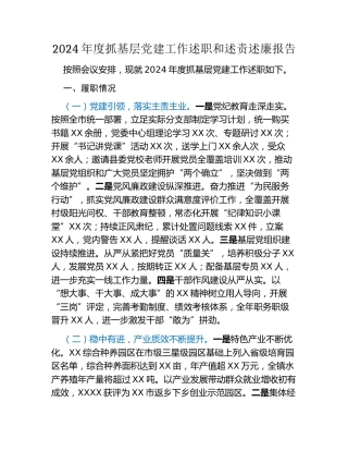 XX镇2024年度抓基层党建工作述职和述责述廉报告