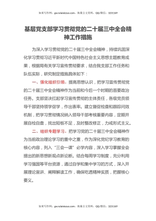 基层党支部学习贯彻党的二十届三中全会精神工作措施