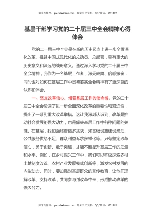 基层干部学习党的二十届三中全会精神心得体会