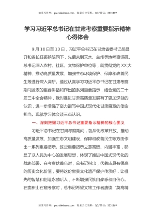 学习习近平总书记在甘肃考察重要指示精神心得体会
