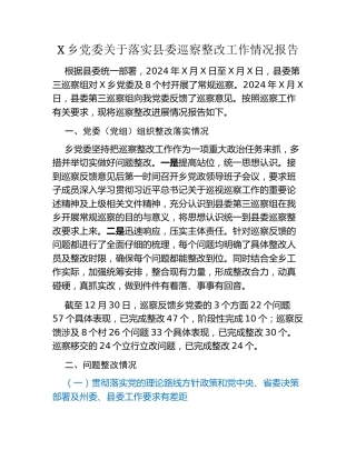 X乡党委关于落实县委巡察整改工作情况报告