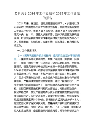 X乡关于2024年工作总结和2025年工作计划的报告
