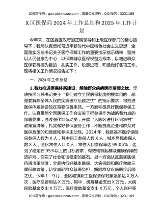 X区医保局2024年工作总结和2025年工作计划（2）