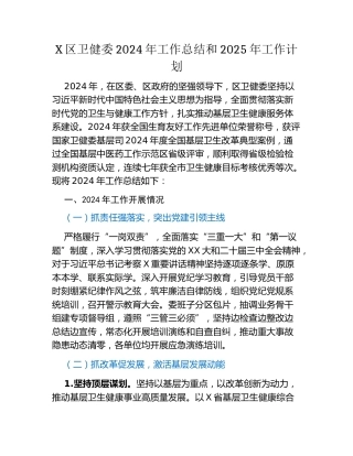 X区卫健委2024年工作总结和2025年工作计划