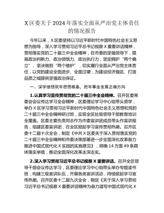 X区委关于2024年落实全面从严治党主体责任的情况报告