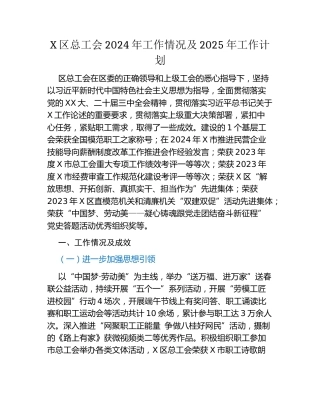 X区总工会2024年工作情况及 2025年工作计划