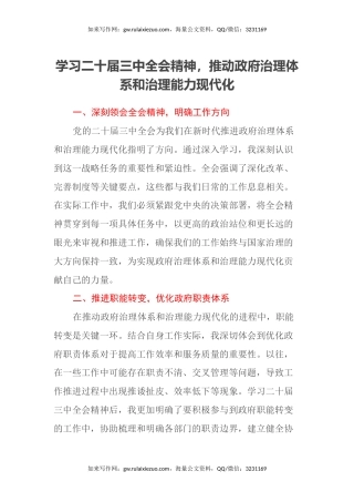 学习二十届三中全会精神，推动政府治理体系和治理能力现代化