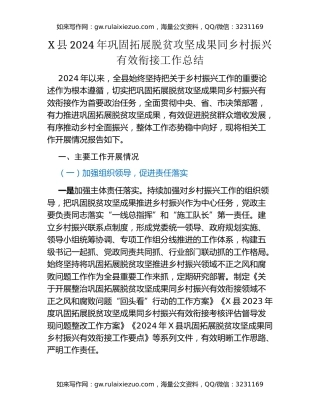 X县2024年巩固拓展脱贫攻坚成果同乡村振兴有效衔接工作总结