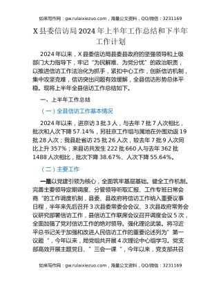 X县委信访局2024年上半年工作总结和下半年工作计划