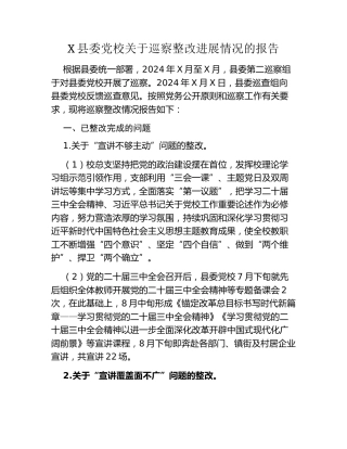 X县委党校关于巡察整改进展情况的报告