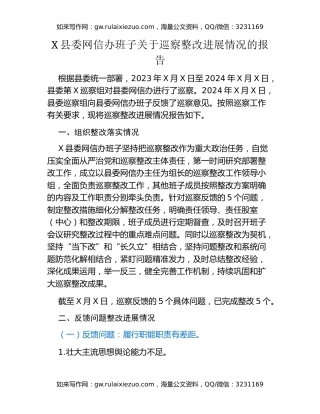 X县委网信办班子关于巡察整改进展情况的报告