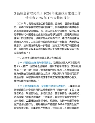 X县应急管理局关于2024年法治政府建设工作情况和2025年工作安排的报告