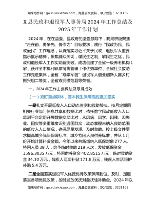 X县民政和退役军人事务局2024年工作总结及2025年工作计划