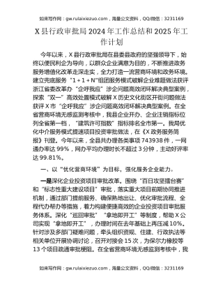 X县行政审批局2024年工作总结和2025年工作计划