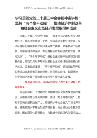 学习贯彻党的二十届三中全会精神宣讲稿：坚持两个毫不动摇,推动经济体制改