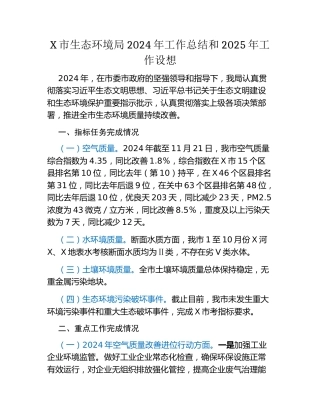 X市生态环境局2024年工作总结和2025年工作设想
