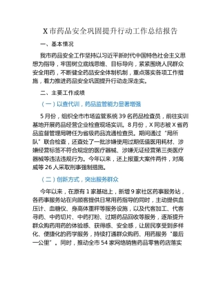 X市药品安全巩固提升行动工作总结报告